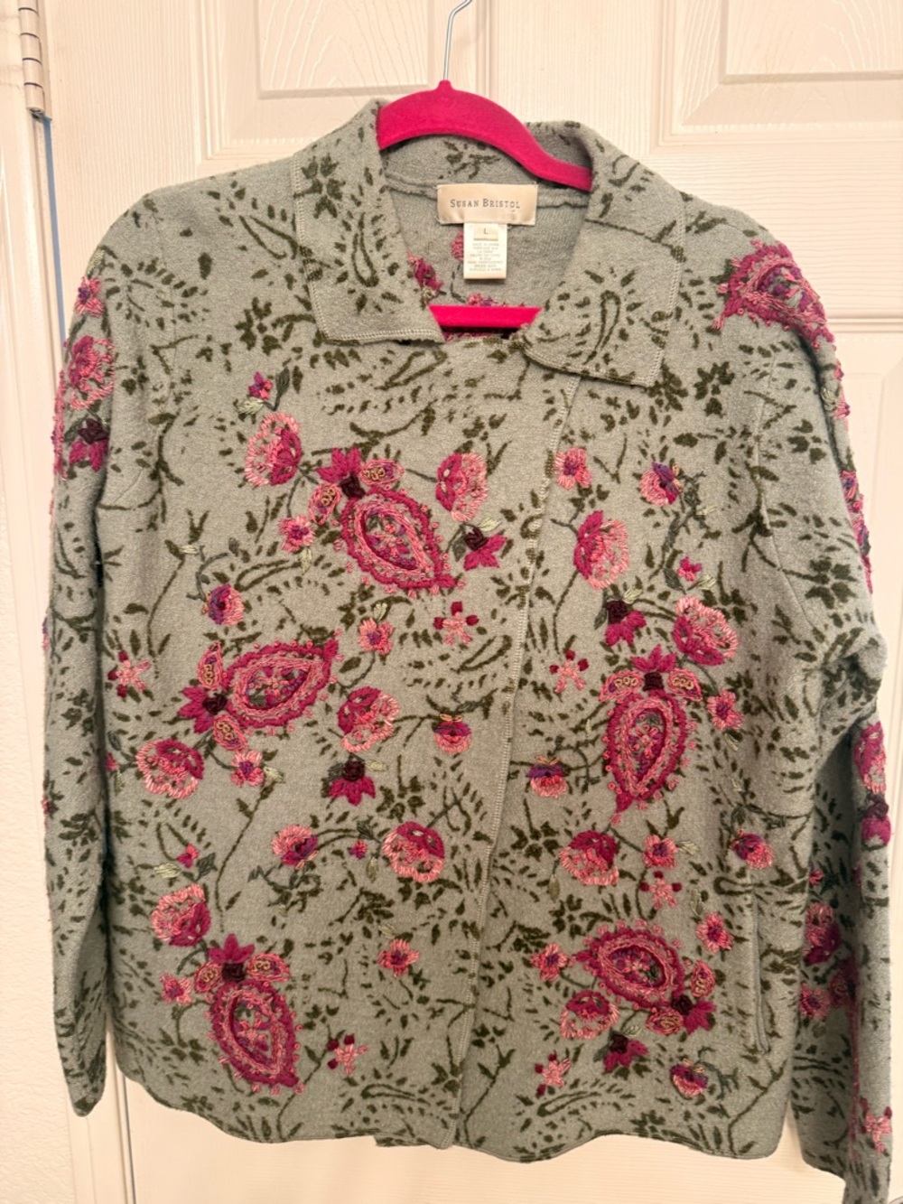 Susan Bristol Pink and Sage Embroidered Sweater
